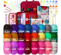 Kit de crochet pour débutants avec ensemble de fils, lot de qualité supérieure comprenant 24 boules de fil à crochet en acrylique, 9 crochets, 6 aiguilles, livre, sacs plus encore, kit de démarrage