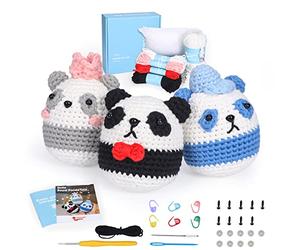 Kit de crochet pour débutants - Kit de crochet 3 pièces pandas, apprendre à crocheter, comprend une vidéo étape par étape, des outils, un cadeau surprise pour adultes