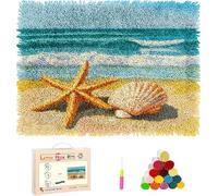Kit de Crochet pour Tapis et Coussin au Point Noué,Modèle Pré-imprimé avec Motifs Colorés,Loisirs Créatifs pour Adultes et Enfants,Cadeau DIY et Accessoire Déco,Étoiles de mer et coquillages -55x75cm