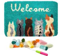 Kit de crochets à loquet pour adultes, ensemble de crochets avec toile pré-imprimée en couleur, tapis de porte sur le thème du chat de bienvenue, kit de fabrication artisanale pour adultes, enfants,