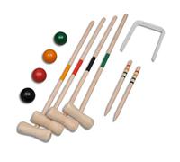 Kit de croquette en bois de pin massif pour 4 joueurs avec 4 raquettes, 4 balles colorées, 10 buts, 2 piquets, jeu de jardin pour famille, extérieur, plage, parc, loisirs, plaisir d'été