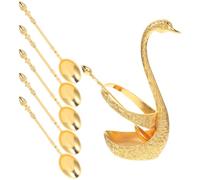 Kit de Cuillères à Dessert Vintage avec Support Cygne Doré | Alliage de Zinc et Acier Inoxydable, Surface Lisse Gravée, Service pour Gâteau, Glace, Café, Fêtes
