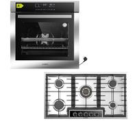 Kit de cuisinière à gaz | Four encastrable 60 cm | Plaque de cuisson à gaz 5 feux 90 cm | Plaque de cuisson à gaz avec brûleurs en cuivre complet | Fonction Airfry | Grill | Air chaud | Aqua Clean