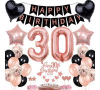 Kit de décoration Cnrose pour 30e anniversaire femme - Or rose et noir - Avec bannière, ballon 30, cœurs, étoiles, latex or rose, noir, à confettis, décoration gâteau - 33 pièces