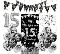 Kit de décoration d'anniversaire 15 ans, thème noir et argent, 15 ballons en aluminium, drapeaux triangulaires, ballons en latex, confettis pour garçons et filles, décoration de fête élégante, joyeux