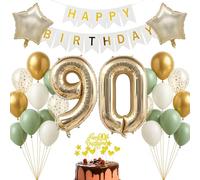 Kit de décoration d'anniversaire 90 ans - Or champagne blanc sauge - Bannière Happy Birthday pour adultes femmes hommes - Décoration pour 90e anniversaire - Grand fond photo - Décoration de ballon