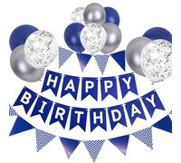Kit de décoration d'anniversaire avec ballons bleu marine et argent - Bannière de décoration d'anniversaire avec ballons bleu marine et argent - Guirlande de drapeaux triangulaires (NB + SJQ)