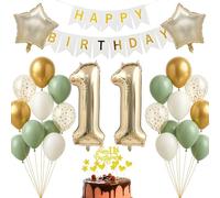 Kit de décoration d'anniversaire de 11 ans - Or champagne - Blanc - Vert sauge - Bannière Happy Birthday pour enfants garçons et filles - Décoration d'anniversaire pour 11e anniversaire - Fond photo