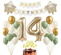 Kit de décoration d'anniversaire de 14 ans - Or champagne - Blanc - Vert sauge - Bannière Happy Birthday - Décoration pour adolescents, garçons et filles - Décoration d'anniversaire - Fond photo