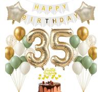 Kit de décoration d'anniversaire de 35 ans - Or champagne - Blanc - Vert sauge - Bannière Happy Birthday - Pour adultes et femmes - Décoration d'anniversaire pour 35e anniversaire
