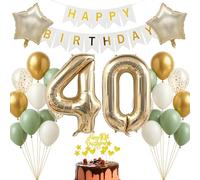 Kit de décoration d'anniversaire de 40 ans - Or champagne - Blanc - Vert sauge - Bannière Happy Birthday pour adultes femmes hommes - Décoration pour 40e anniversaire - Rond - 40 ans - Décoration