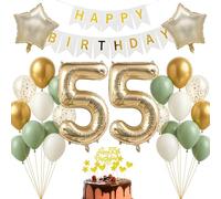 Kit de décoration d'anniversaire de 55 ans - Or champagne - Blanc - Vert sauge - Bannière Happy Birthday - Pour adultes et femmes - Décoration d'anniversaire pour 55e anniversaire