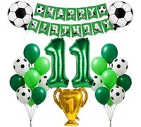 Kit de décoration d'anniversaire de football pour enfants garçons et filles en forme de chiffre 11 - Vert - Ballon en aluminium - Trophée - Ballon en aluminium - Guirlande Happy Birthday - Bannière