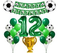 Kit de décoration d'anniversaire de football pour enfants garçons et filles en forme de chiffre 12 - Vert - Ballon en aluminium - Trophée - Ballon en aluminium - Guirlande de ballons de football