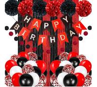 Kit De Décoration D'Anniversaire, Noir Et Rouge, Bannière Happy Birthday, Ballons Diy En Papier Pompons, Rideau De Guirlande[A15]