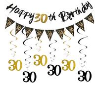 Kit de décoration d'anniversaire pour 30 ans - Noir et doré - Décoration de fête pour homme - Avec bannière « Happy Birthday » - Guirlande de serpentins en spirale - Pour homme et femme - Décoration
