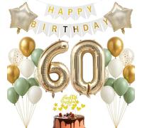 Kit de décoration d'anniversaire pour 60 ans - Or champagne - Blanc - Vert sauge - Bannière Happy Birthday - Pour adultes et femmes - Décoration pour 60e anniversaire - Vintage - 60 ans