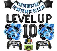 Kit de décoration d'anniversaire, pour garçon, avec ballons en forme de manette de jeu, chiffre 10, en aluminium, bannière et décoration de gâteau (noir 10)