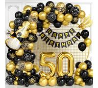 Kit de décoration d'anniversaire pour homme - Noir et doré - Avec numéro 50 - Ballons à confettis - Bannière Happy Birthday - Noir et doré - Décoration de fête pour femmes de 50 ans