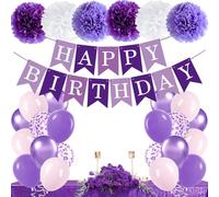 Kit de décoration d'anniversaire violet, rose, violet, avec bannière, ballons en papier, pompons, pour bébé, fille, garçon, homme, femme