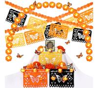 Kit de décoration d'autel pour le jour des morts 56 pièces, comprend 2 guirlandes de souci à DEL, 1 guirlande de souci, 30 fleurs en papier, 18 papillons monarques, 4 bougies LED, 1 bannière pour