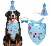 Kit de Décoration de Anniversaire pour Chien avec Chapeau et Écharpe, Joyeux Anniversaire Toutou, Set d'Accessoires de Fête Réutilisables pour Chiens, Bleu