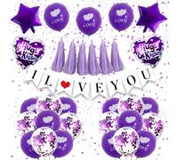 Kit de Décoration de Ballons de Saint-Valentin - Ballons en Latex Violet Imprimé en Forme de Cœur - Ballons en Latex pour Hélium - Bannière « I Love You » - Ballons pour Saint-Valentin, Mariage