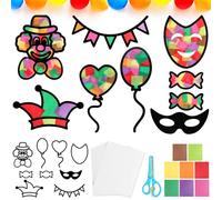 Kit de Décoration de Carnaval 24pcs Autocollants Fenêtre Pochoirs Cirque Clown Cœur Ballon Bonbons Gommette Stickers et 32Feuilles Papiers Colorés DIY Décoration pour Carnaval Fête Jardin Party