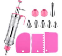 Kit de décoration de dessert à faire soi-même avec machine à glaçage en acier inoxydable, six douilles interchangeables, deux coupleurs et trois grattoirs pour gâteaux, biscuits et churro (rouge clair