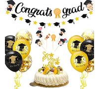 Kit de Décoration de Diplôme - Ballon Or et Noir, Bannière et Topper de Gâteau pour Cérémonie de Remise de Diplômes - 20 Pièces
