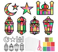 Kit de Décoration de Eid Mubarak 16pcs Autocollants Fenêtre Pochoirs Lanterne Étoiles Lune Gommette Stickers et 32Feuilles Papiers Colorés DIY Décoration Artisanat Cadeau pour Aïd al-Fitr Fête Jardin