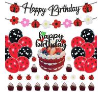 Kit de décoration de fête d'anniversaire 31 pièces sur le thème de la coccinelle à sept points, composé de bannières de lettres, guirlandes, ballons, décorations de gâteau et éléments de décoration