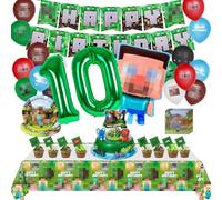 Kit de Décoration de Fête d'Anniversaire Pixel, 107 Pièces Kits de Fête D'anniversaire à Thème de jeu, Bannières d'Anniversaire, Assiettes, Mouchoirs, Nappes, Ballons, Decoration Gateau, 10 Ans