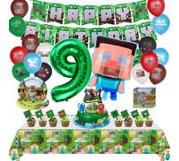Kit de Décoration de Fête d'Anniversaire Pixel, 107 Pièces Kits de Fête D'anniversaire à Thème de jeu, Bannières d'Anniversaire, Assiettes, Mouchoirs, Nappes, Ballons, Decoration Gateau, 9 Ans