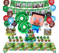 Kit de Décoration de Fête d'Anniversaire Pixel, 107 Pièces Kits de Fête D'anniversaire à Thème de jeu, Bannières d'Anniversaire, Assiettes, Mouchoirs, Nappes, Ballons, Decoration Gateau, 8 Ans