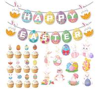 Kit de décoration de fête de Pâques - 12 œufs de lapin, 15 bannières « Happy Easter » et 12 décorations de cupcakes, décoration vivante sur le thème de l'œuf de lapin pour les fêtes d'anniversaire de