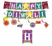Kit de décoration de maison Diwali - Bannière Happy Diwali - Lanterne lotus violette, verte et dorée - Serpentins en spirale - Décorations indiennes de lanternes - Guirlande de fête pour la maison, la