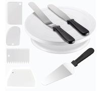 Kit de décoration de plateau tournant : comprend un support à gâteau, 2 spatules à glaçage et 3 grattoirs à glaçage - Blanc