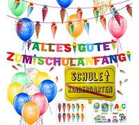 Kit de décoration de rentrée des classes - Guirlande « Alles Gute Zum Schulanfang » + bannière + 18 ballons avec motif ABC 123 + confettis + ballon gonflable pour garçons et filles
