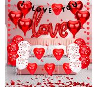 Kit de décoration de Saint-Valentin, 34 ballons en forme de cœur rouge, bannière « I Love You » XXL, 500 pétales de rose pour Saint-Valentin, anniversaire, demande en mariage, fiançailles, fête de
