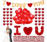 Kit de Décoration de Saint Valentin, Déco Romantique Ballons Coeur Rouge 1000 Pétales de Rose Coeur Guirlande Je T'aime Bannière et Dentelle Chemin de Table pour La Saint Valentin Mariage Déco