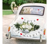 Kit de décoration de voiture de mariage, bannière « Just Married Love » et autocollants de fenêtre de véhicules, bouquet de fleurs artificielles pour décoration de mariage, lune de miel (blanc)