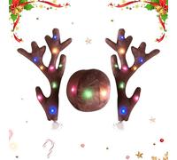 Kit de décoration en forme de bois de renne pour voiture - Bois de renne en peluche, nez lumineux LED, ensemble de décoration de véhicule en tissu doux, ajustement flexible pour rétroviseur de fenêtre