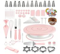 Kit de décoration gâteaux 204 pièces : plateau tournant antidérapant avec 12 douilles à pâtisserie, moules fondant et outils complets for une professionnelle faire soi-même(Pink)