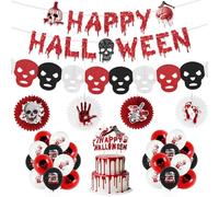 Kit de Décoration Halloween, avec Traces de Sang HAYYP HALLOWEEN - Guirlande de Tête de Mort - Éventails en Papier - Ballons de Horreur - Décoration de Gâteau