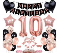 Kit de décoration pour 10e anniversaire pour fille et garçon - Or rose et noir - Avec bannière - Cadeau - Ballons 10 ans - Décoration d'anniversaire - Chiffre 10 ballons pour 10e anniversaire
