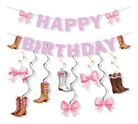 Kit de décoration pour anniversaire sur le thème de la cowgirl rose : bannière, bottes et nœuds découpés, spirales à suspendre. Décoration murale et de plafond intérieure et extérieure pour enterreme