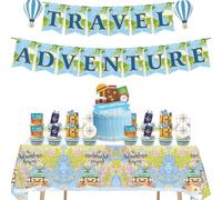 Kit de Décoration pour Fête d'Anniversaire Enfant Thème Voyage avec Bannière Ballons Toppers Gâteau Décorations Cupcake,Motifs Carte du Monde Avion & Valise Idéal pour École & Pique-nique
