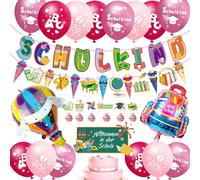 Kit de décoration pour la rentrée des classes 2025 - Guirlande de rentrée scolaire + bannière de sacs à sucre + 18 ballons gonflables avec motif ABC 123 + 2 décorations de rentrée des classes (rose)