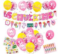 Kit de décoration pour la rentrée des classes, pour fille - Ballon rose avec motif licorne sirène ABC 123 - Bannière d'écolier - Guirlande de sac de sucre et autocollants de rentrée des classes